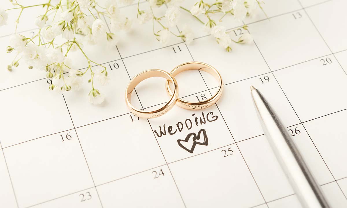 Close up of a calendar with two wedding bands on it with wedding written on the 18th.
